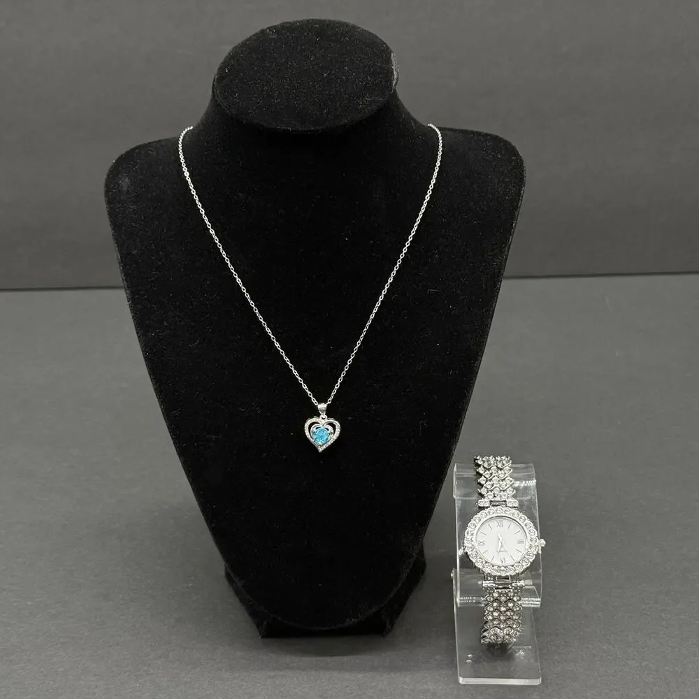Silver Tone Watch Heart Necklace Set 2 Pc Rhinestone Faux Blue Fire Opal NEW